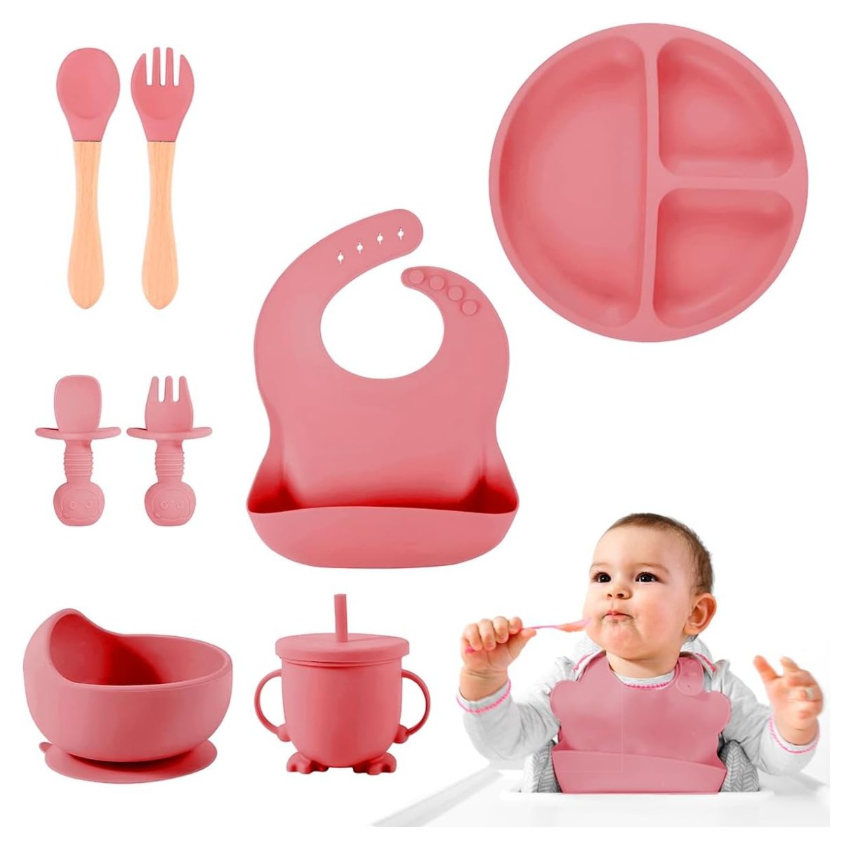 1732896113juego de vajilla de silicona para bebe 8 pcs Rosa 1